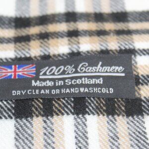 Tartan Plaid 100% Cashmere White Red Black Tan Made Scotland Fringe Ends Scarf